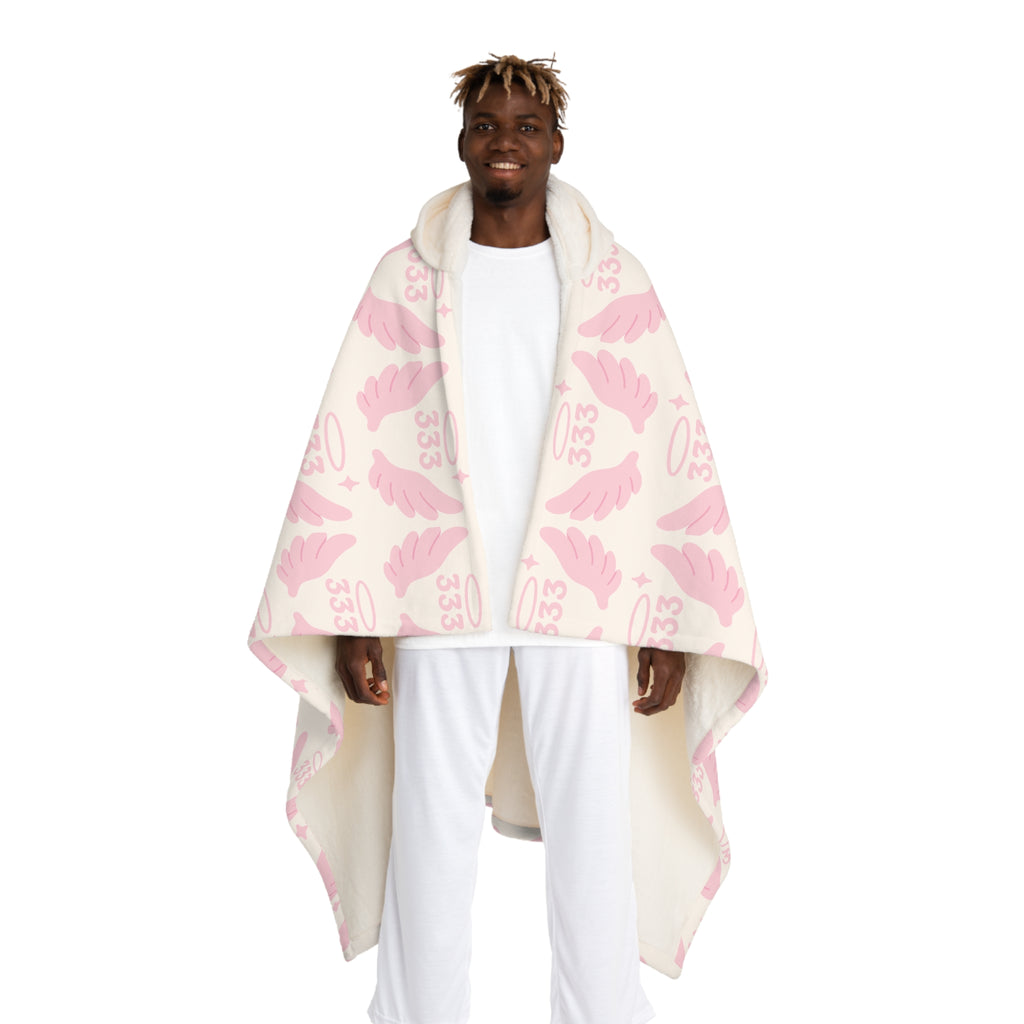Hooded Sherpa Blanket -- White & Pink 333 Angel Wings Pattern