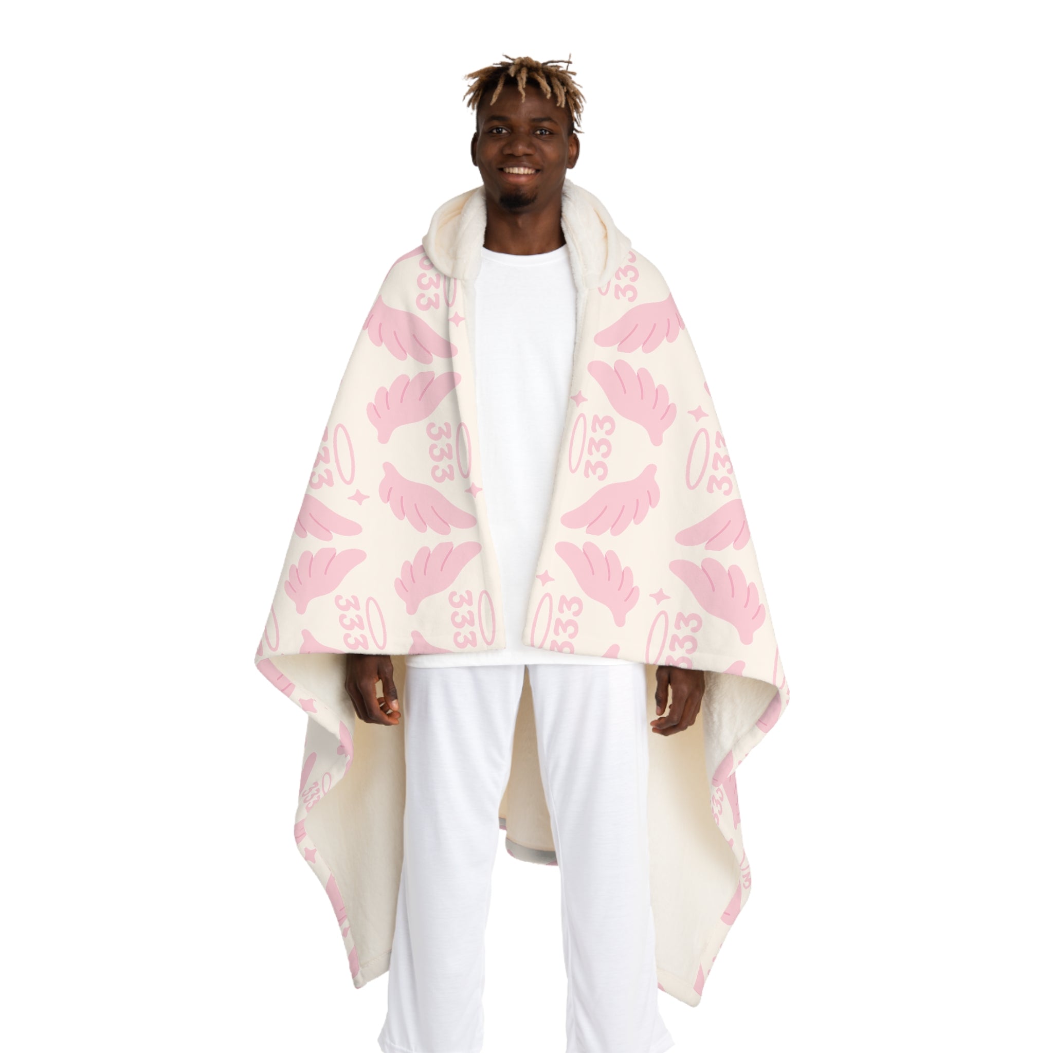 Hooded Sherpa Blanket -- White & Pink 333 Angel Wings Pattern