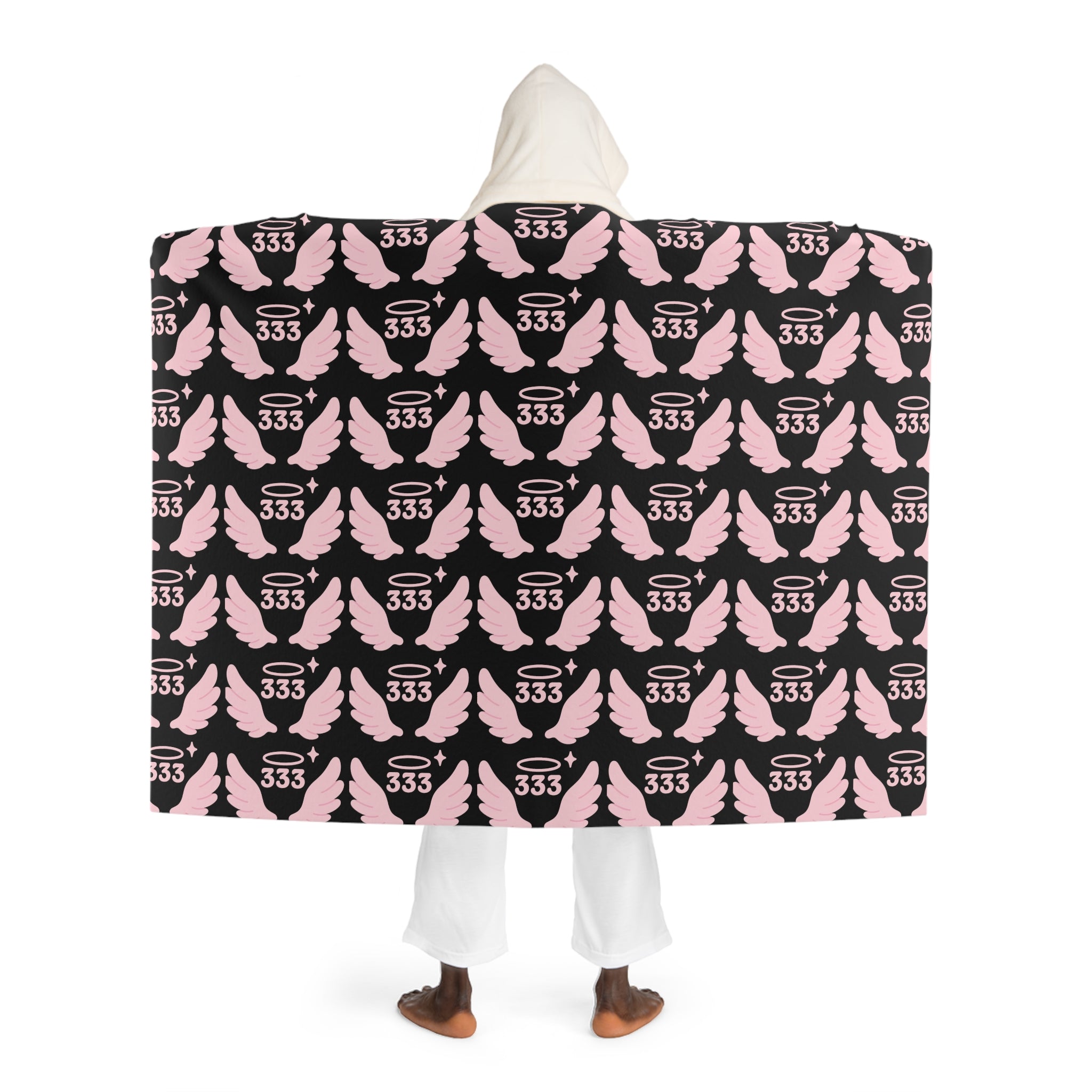 Hooded Sherpa Blanket — Black & Pink Angel 333 Pattern