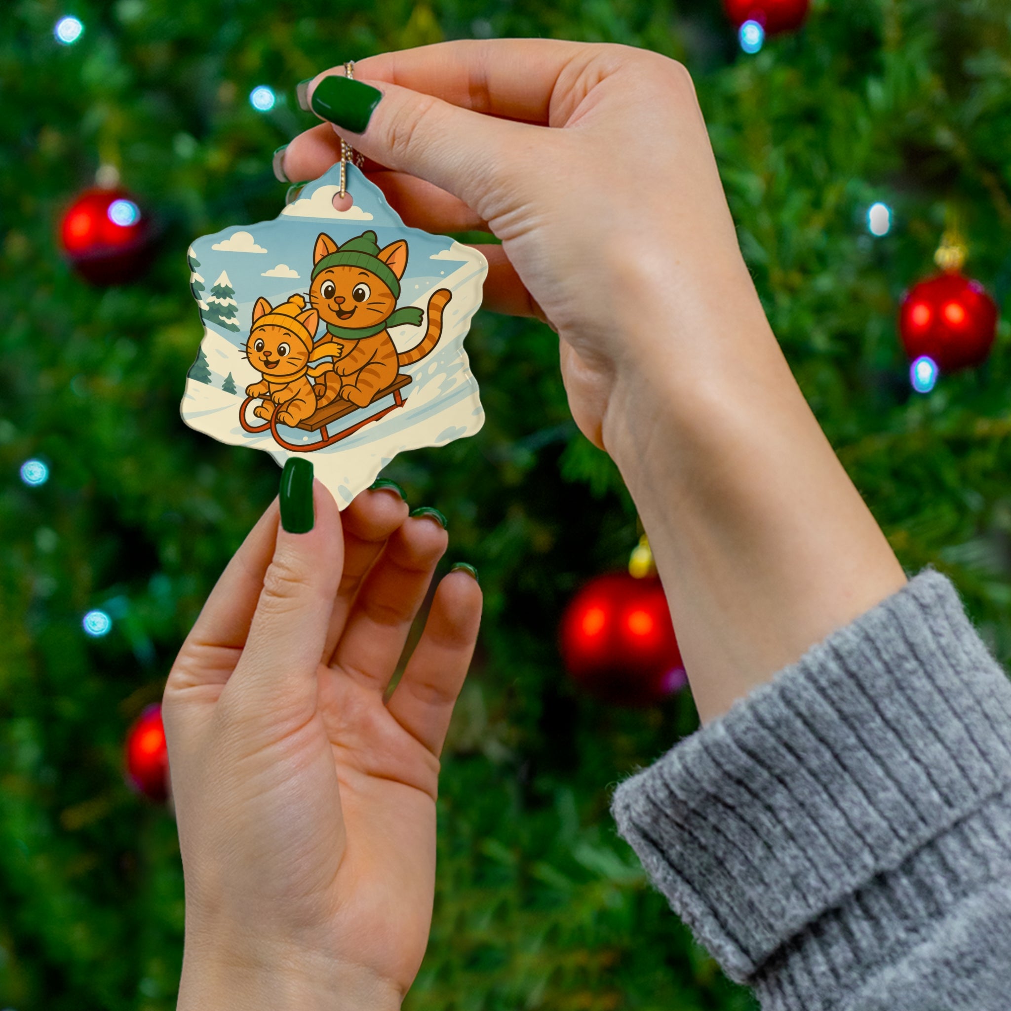 Custom Pets Sledding Ceramic Ornament  Personalized Holiday Decoration