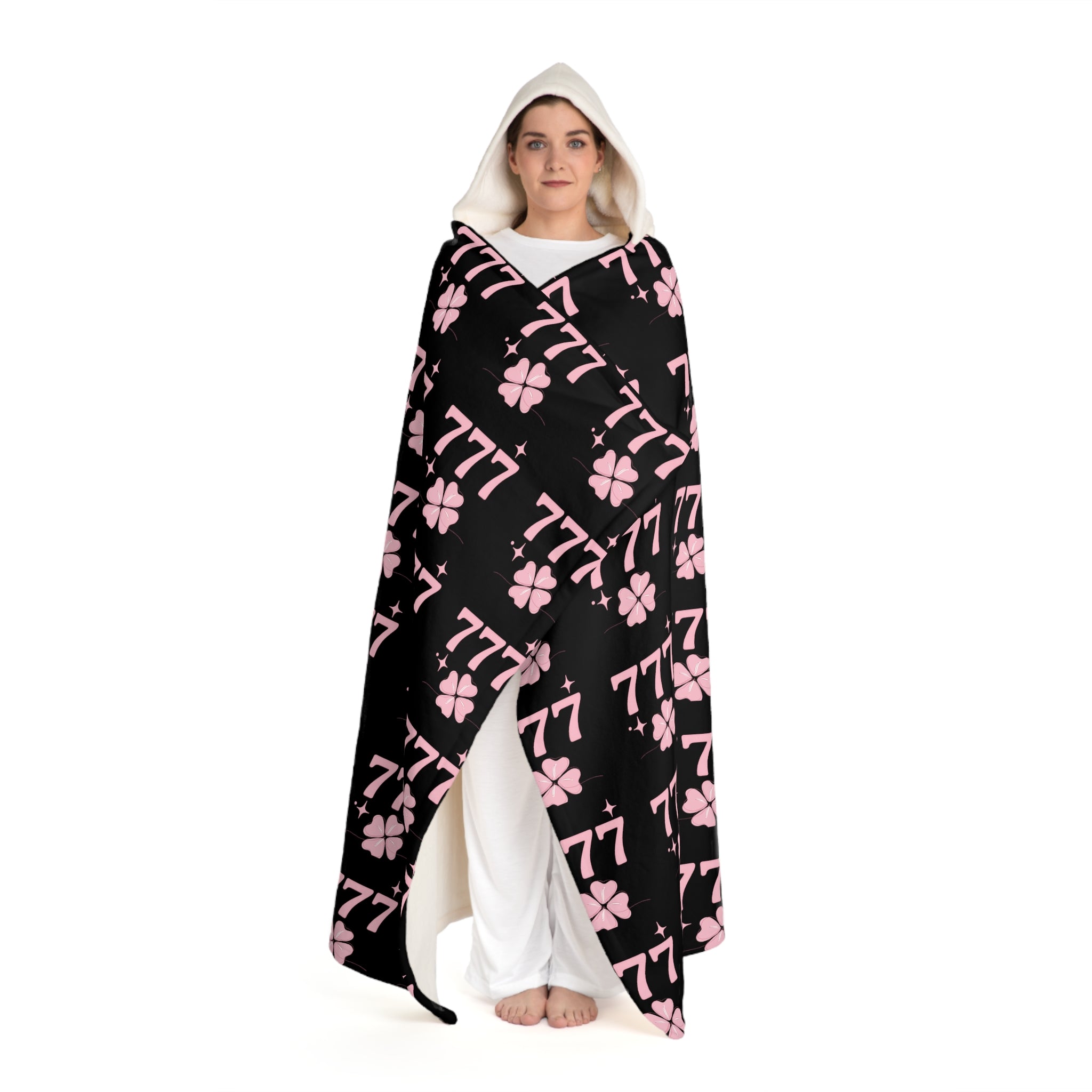 Hooded Sherpa Blanket — Black & Pink Lucky 777 Pattern