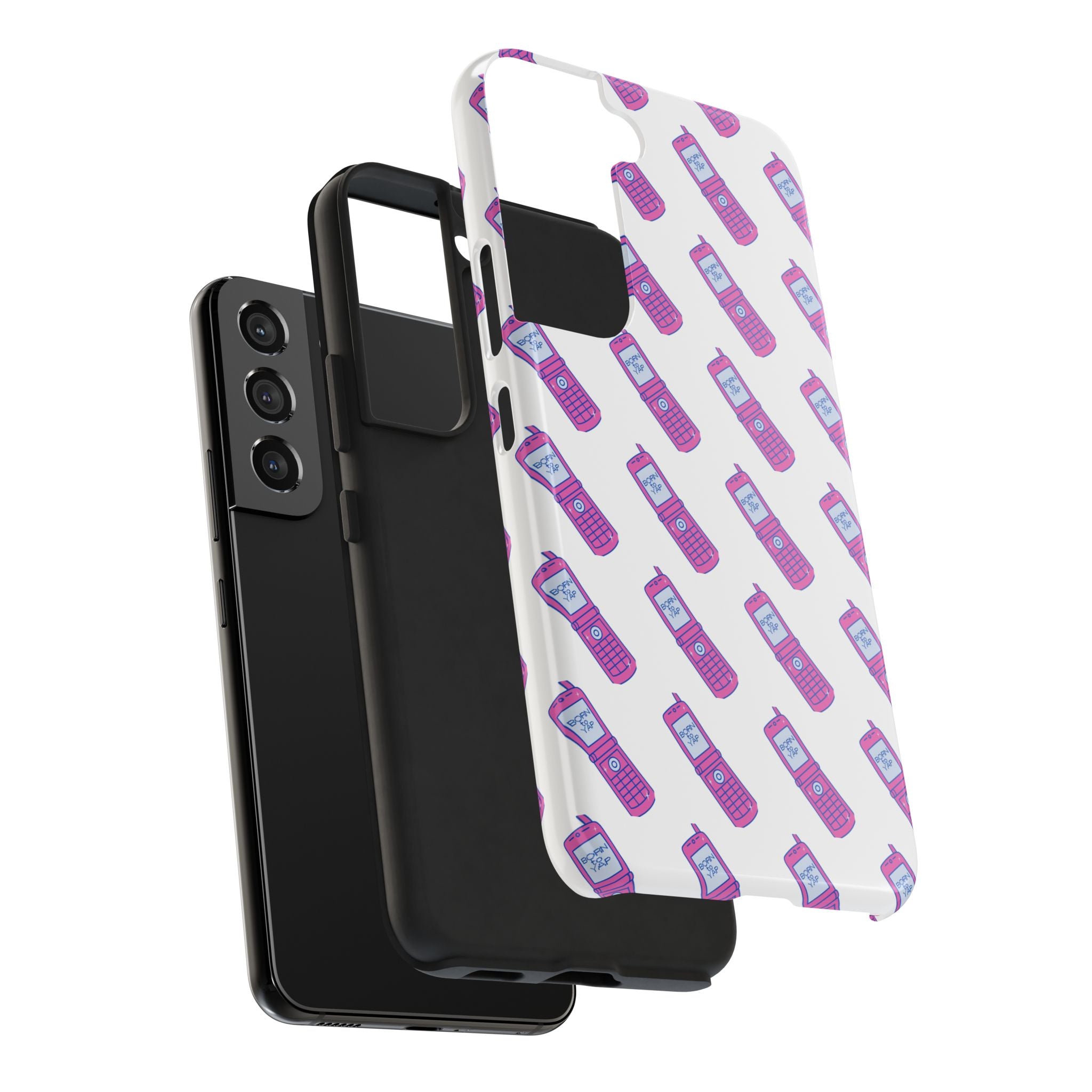 Retro Purple Born to Yap Flip Phone Phone Case | 90s Pattern, Cute Tech Design