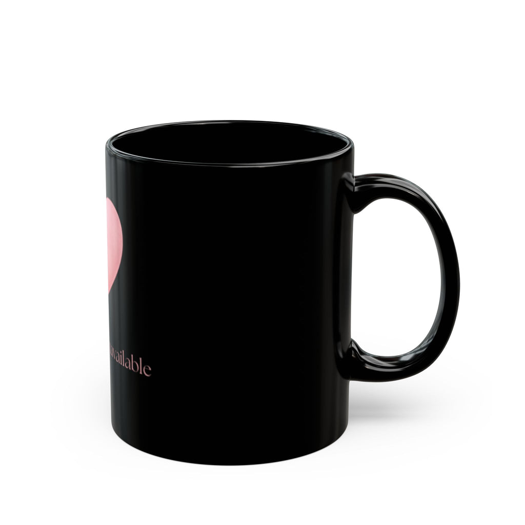 "Emotionally Unavailable" Black Mug — Pink Rhinestone Stitched Heart