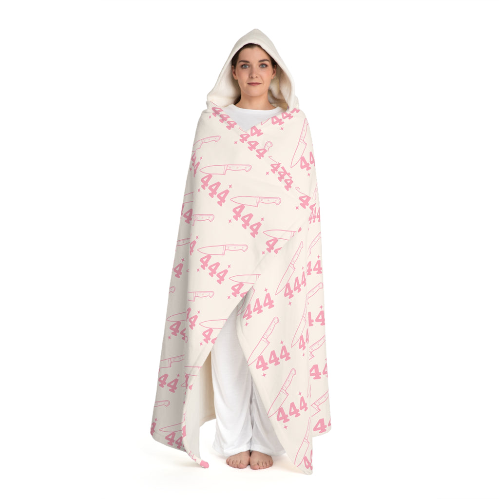 Hooded Sherpa Blanket -- White & Pink 444 Knife Pattern