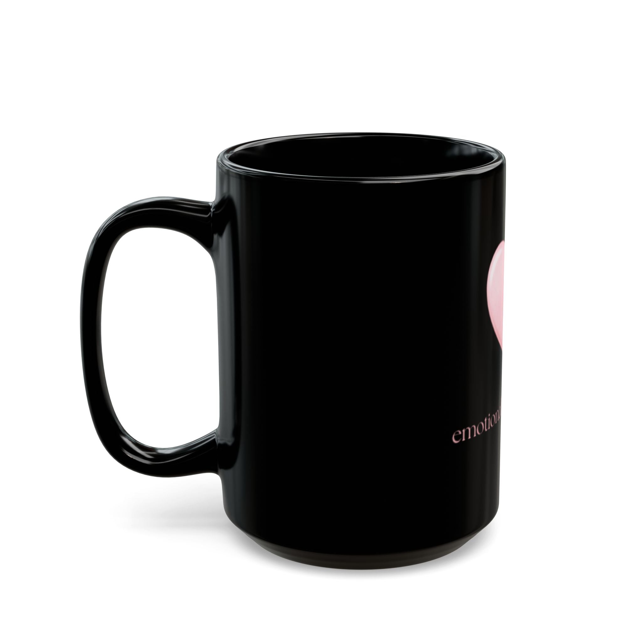 "Emotionally Unavailable" Black Mug — Pink Rhinestone Stitched Heart
