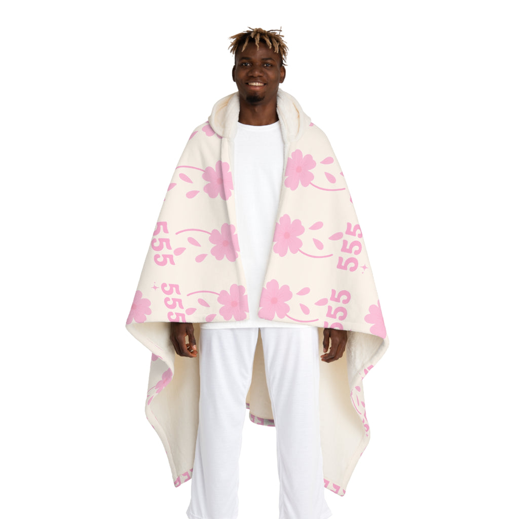 Hooded Sherpa Blanket -- White & Pink 555 Flower Pattern