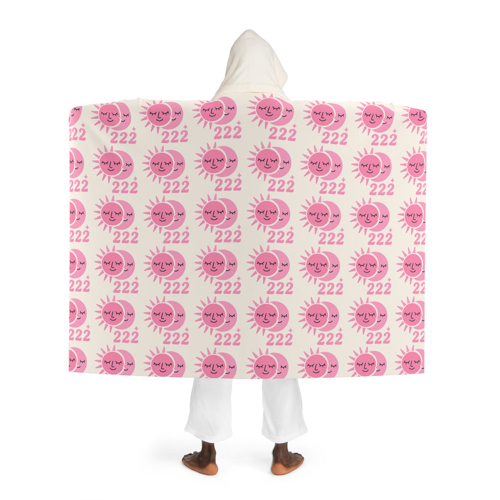 Hooded Sherpa Blanket -- White & Pink 222 Sun & Moon Pattern