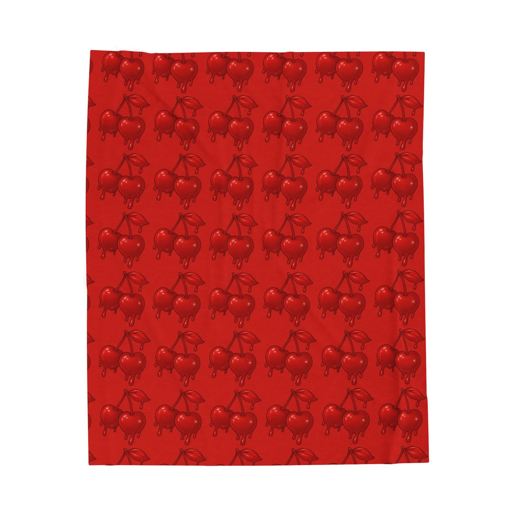Dripping Candy Cherries Red Velveteen Plush Blanket