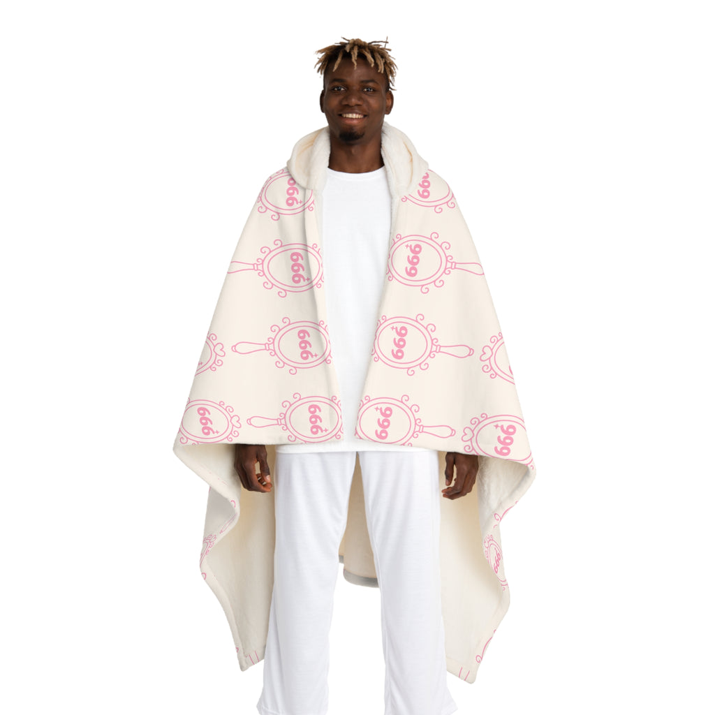 Hooded Sherpa Blanket -- White & Pink 666 Mirror Pattern