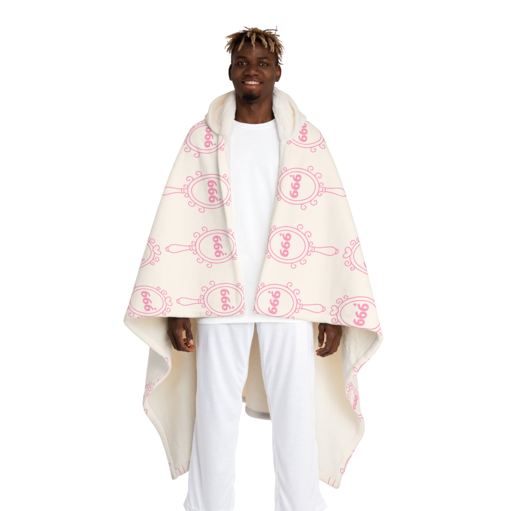 Hooded Sherpa Blanket -- White & Pink 666 Mirror Pattern