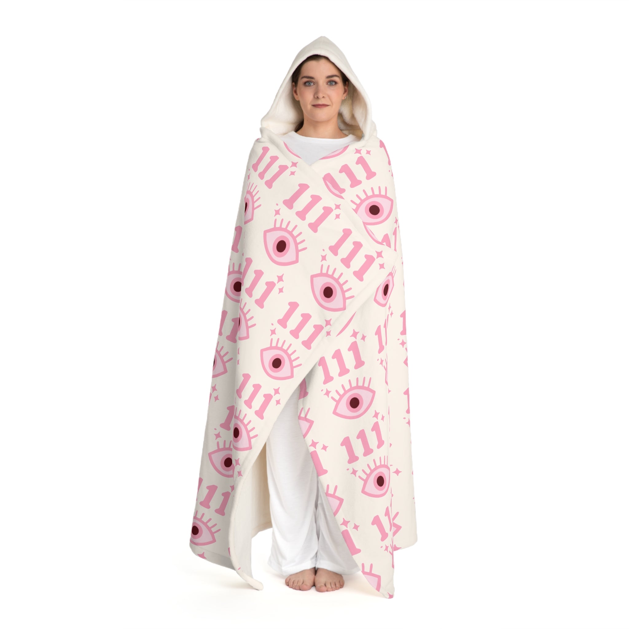 Hooded Sherpa Blanket -- White & Pink 111 Evil Eye Pattern
