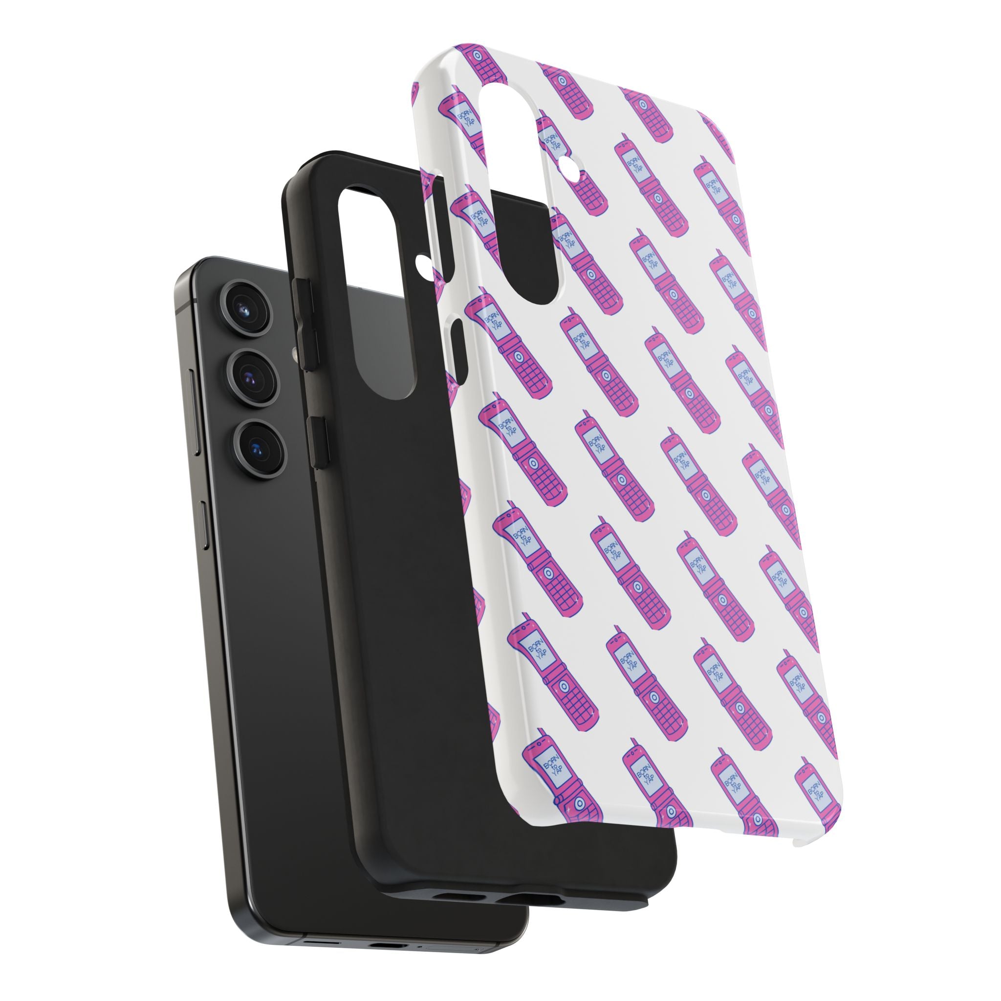 Retro Purple Born to Yap Flip Phone Phone Case | 90s Pattern, Cute Tech Design