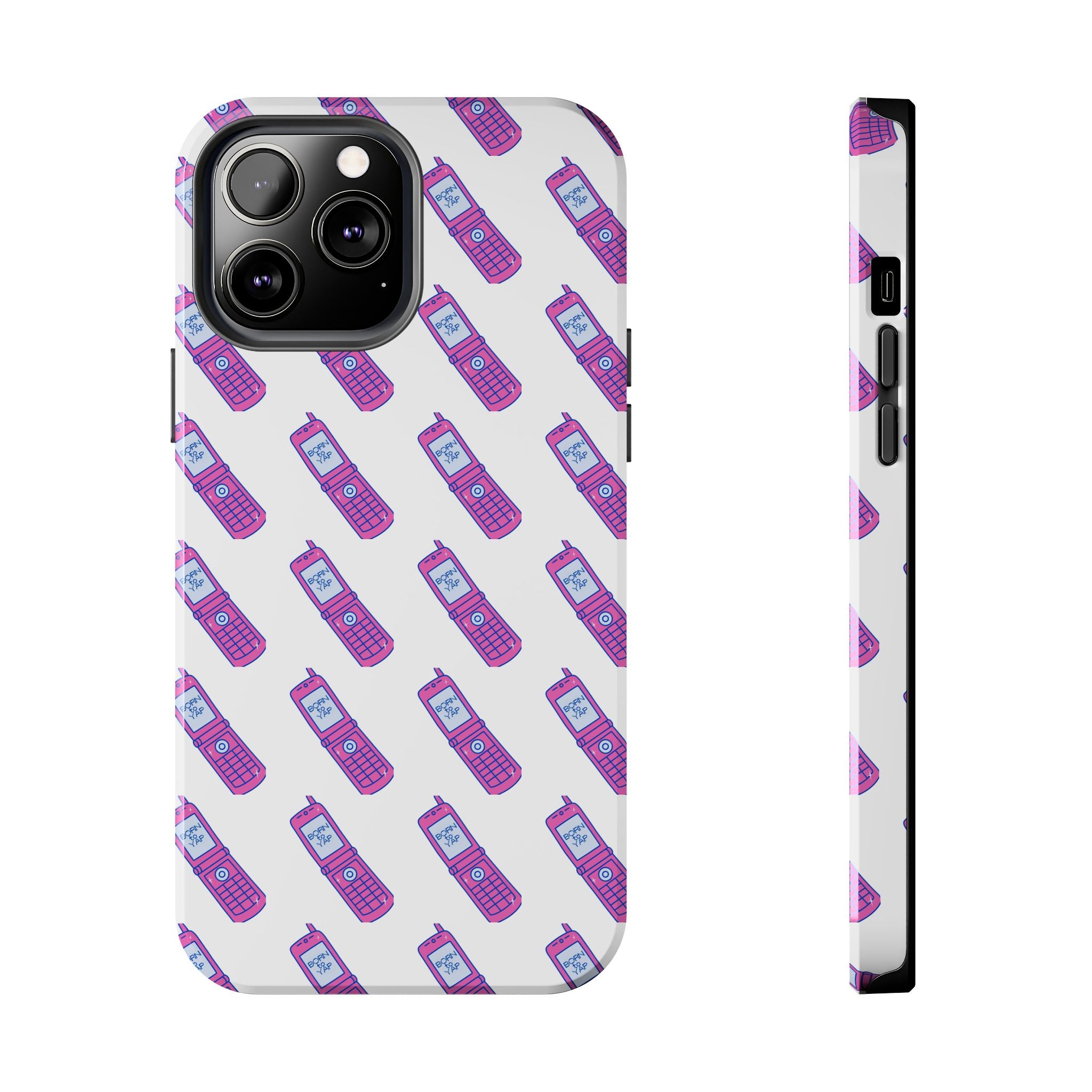 Retro Purple Born to Yap Flip Phone Phone Case | 90s Pattern, Cute Tech Design