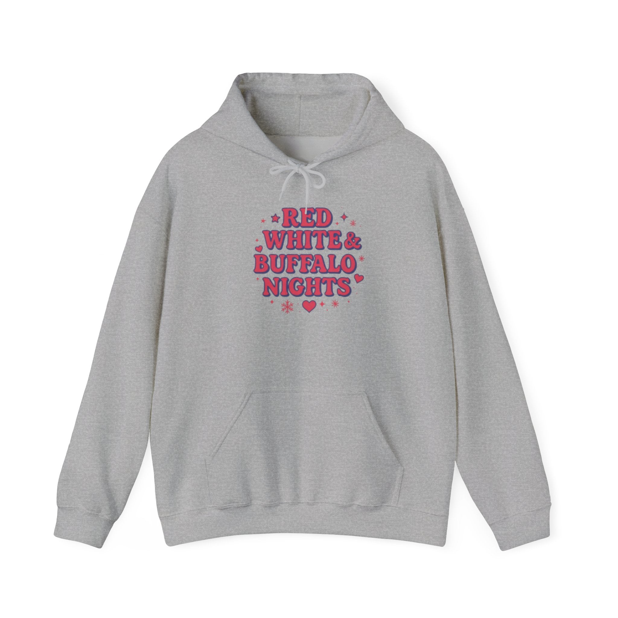 Red White Buffalo Nights Hoodie — Retro Heart Graphic Pullover Football