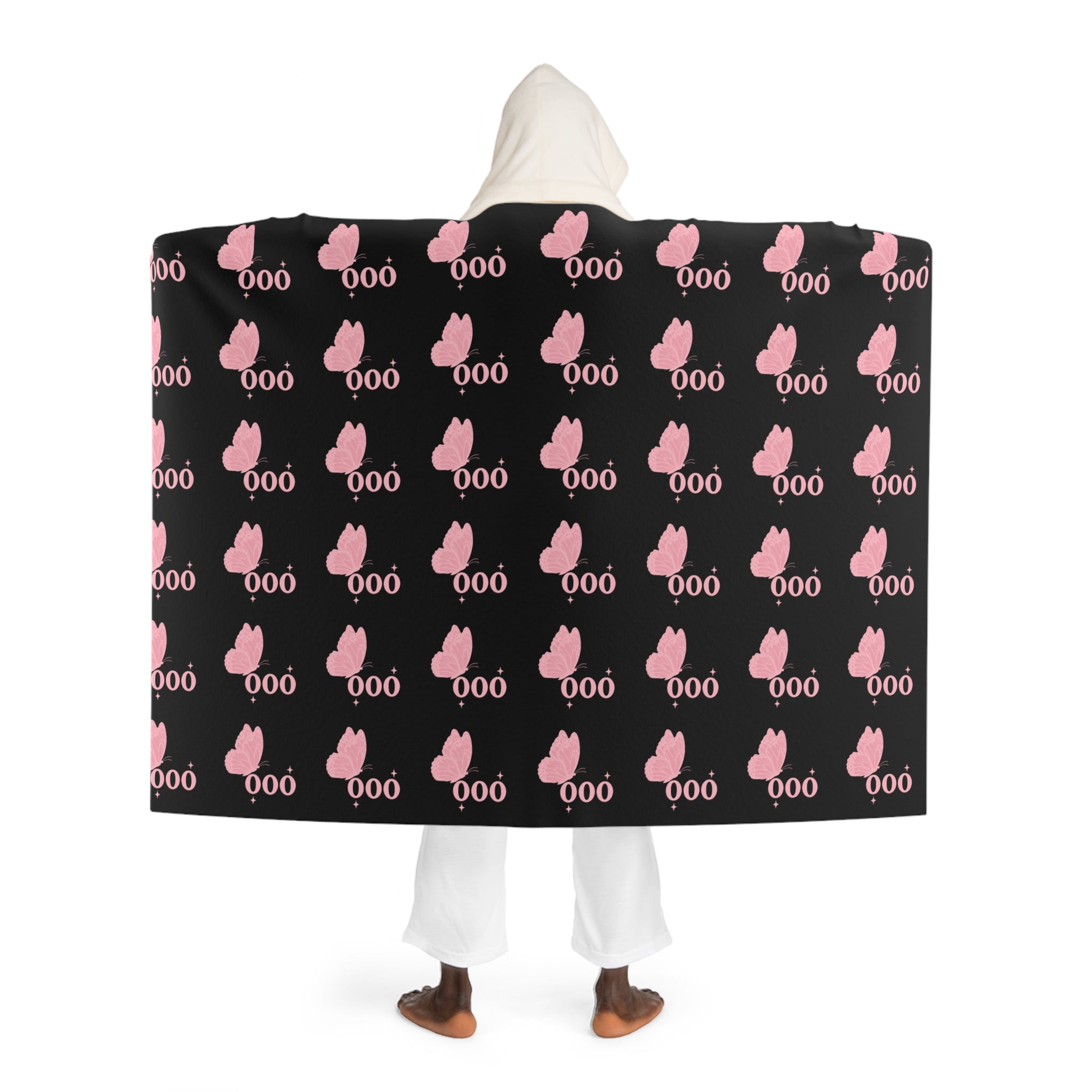 Hooded Sherpa Blanket — Black & Pink 000 Butterfly Pattern