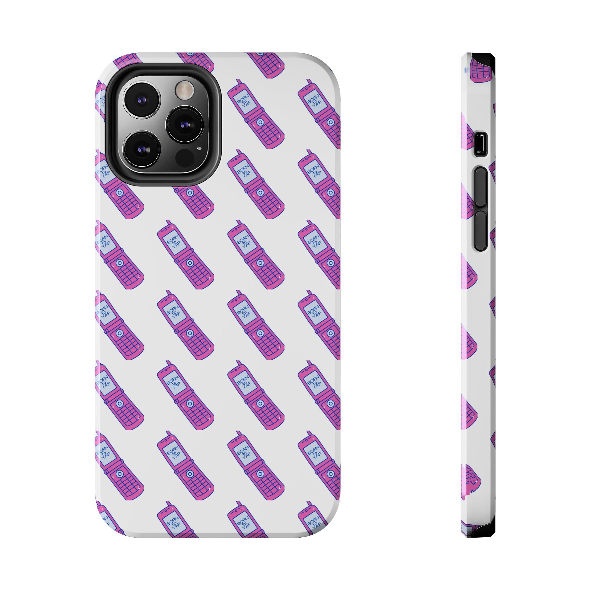 Retro Purple Born to Yap Flip Phone Phone Case | 90s Pattern, Cute Tech Design