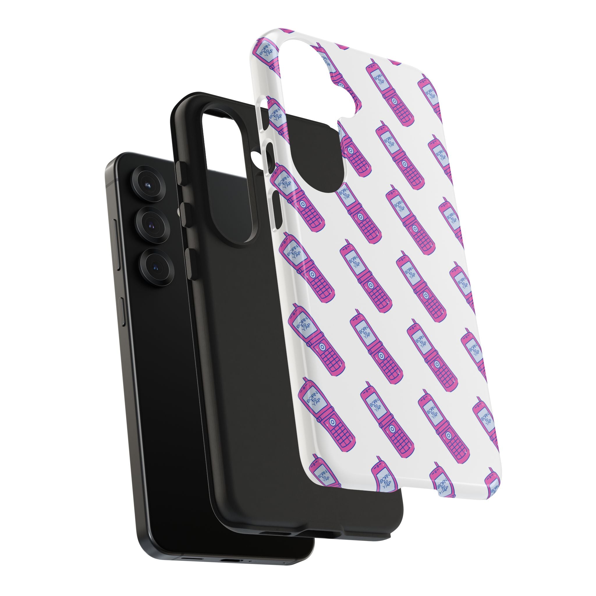 Retro Purple Born to Yap Flip Phone Phone Case | 90s Pattern, Cute Tech Design