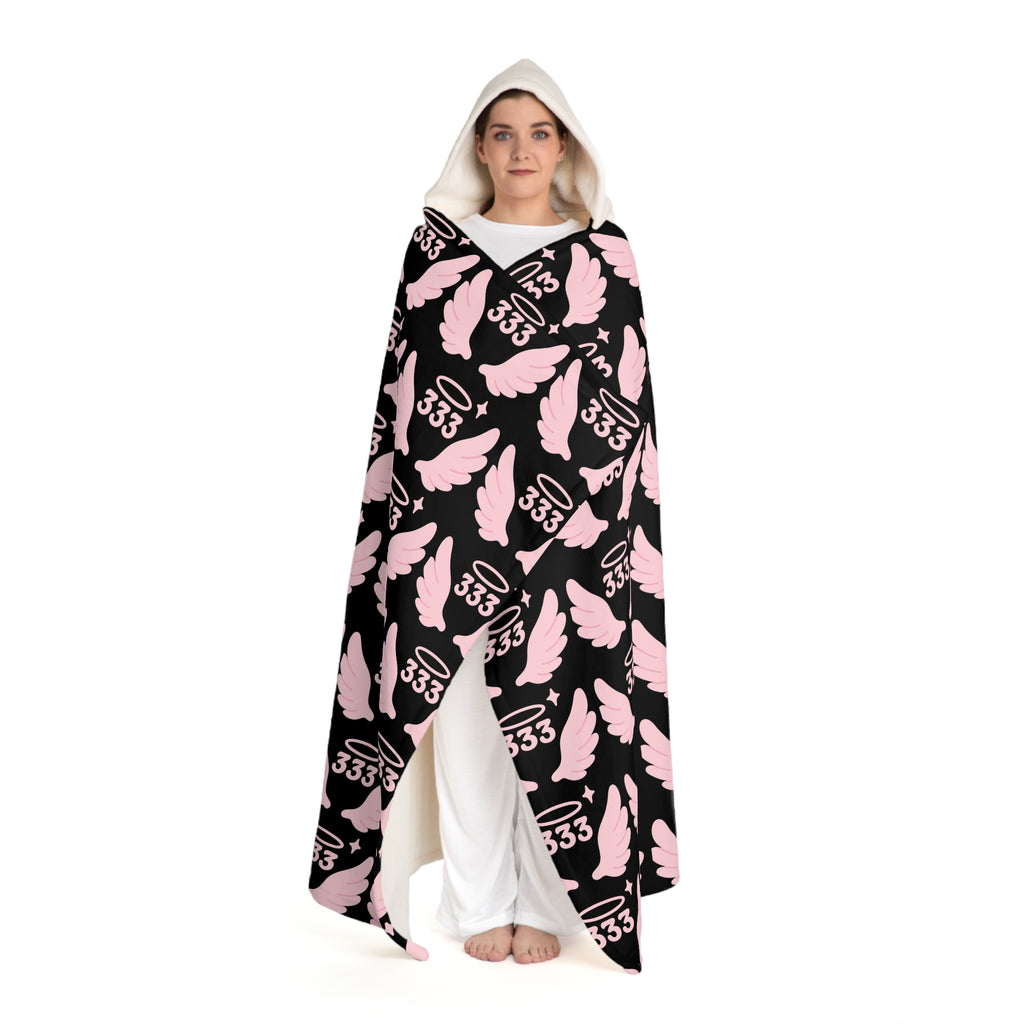 Hooded Sherpa Blanket — Black & Pink Angel 333 Pattern