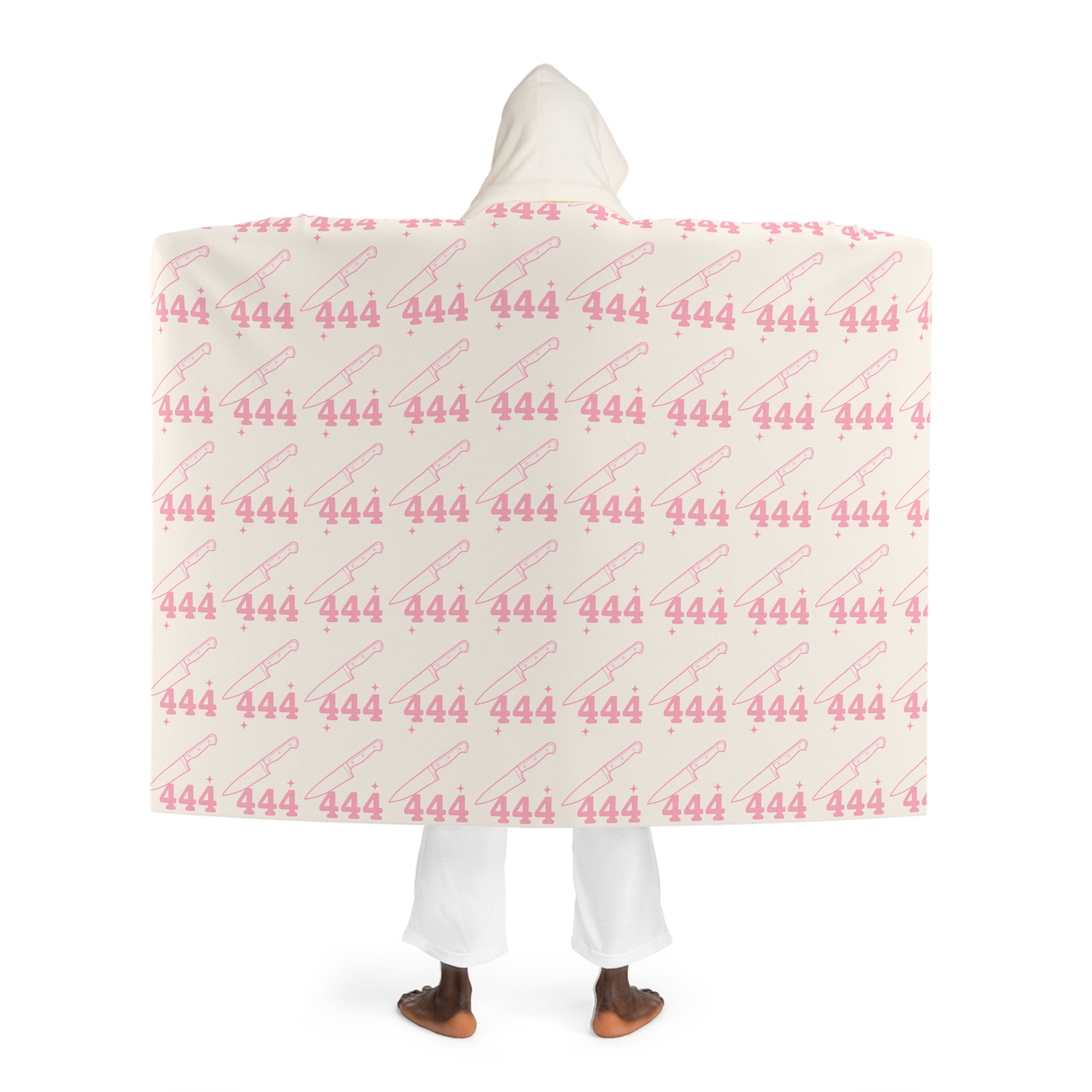 Hooded Sherpa Blanket -- White & Pink 444 Knife Pattern