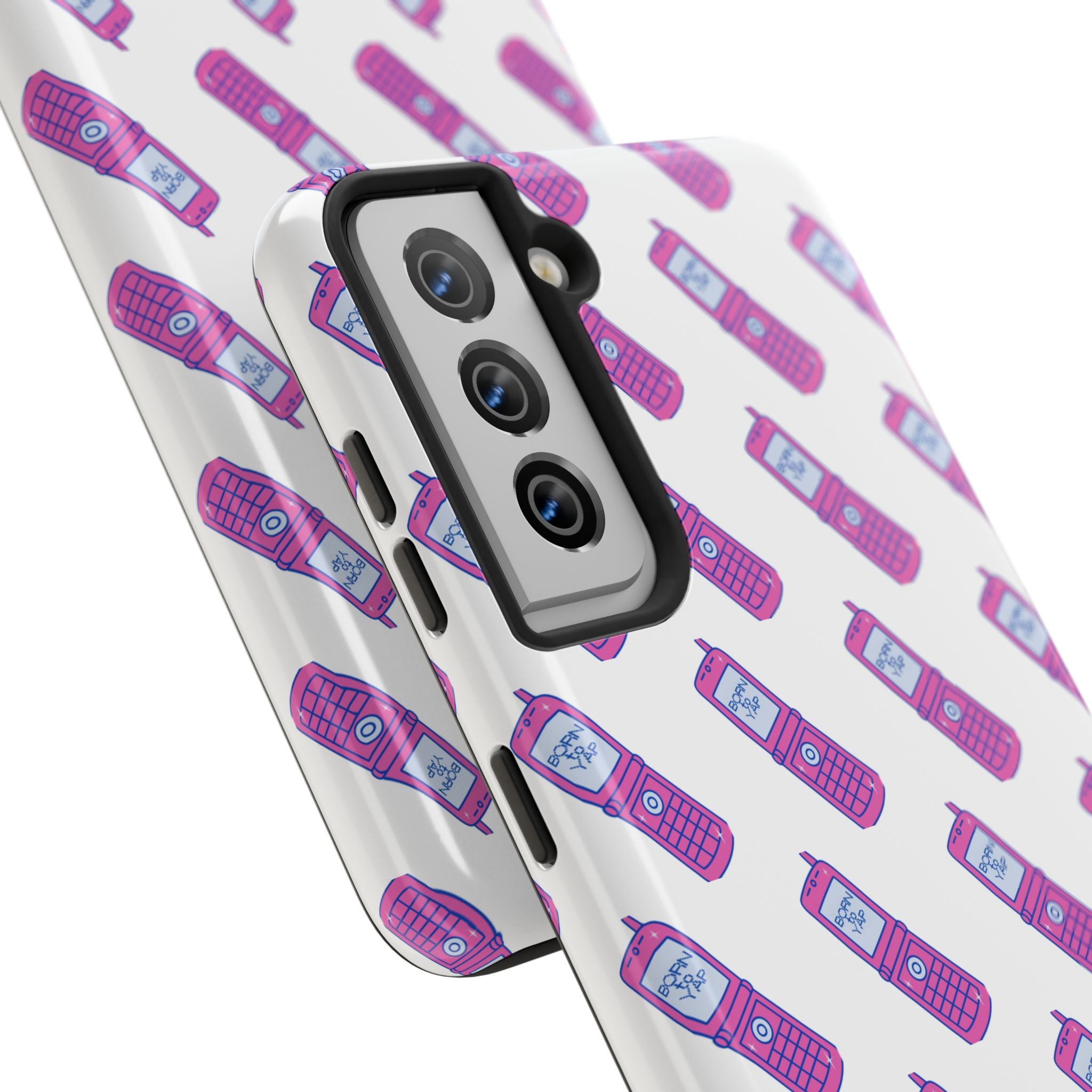 Retro Purple Born to Yap Flip Phone Phone Case | 90s Pattern, Cute Tech Design