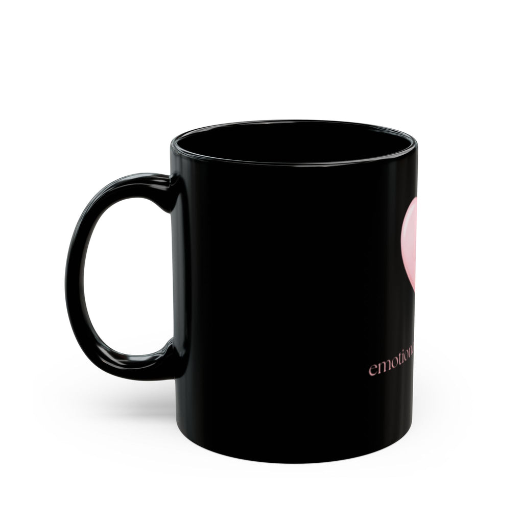 "Emotionally Unavailable" Black Mug — Pink Rhinestone Stitched Heart