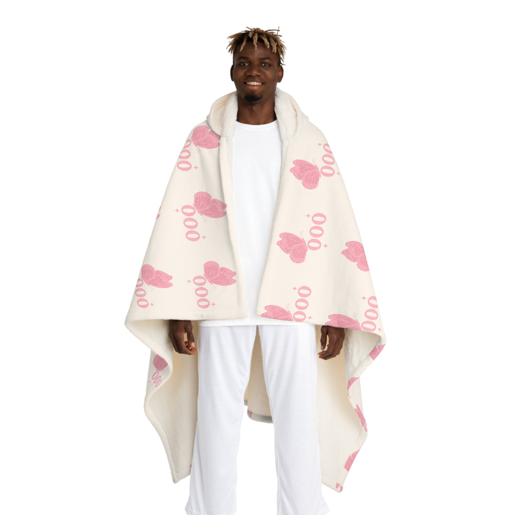 Hooded Sherpa Blanket -- White & Pink 000 Butterfly Pattern