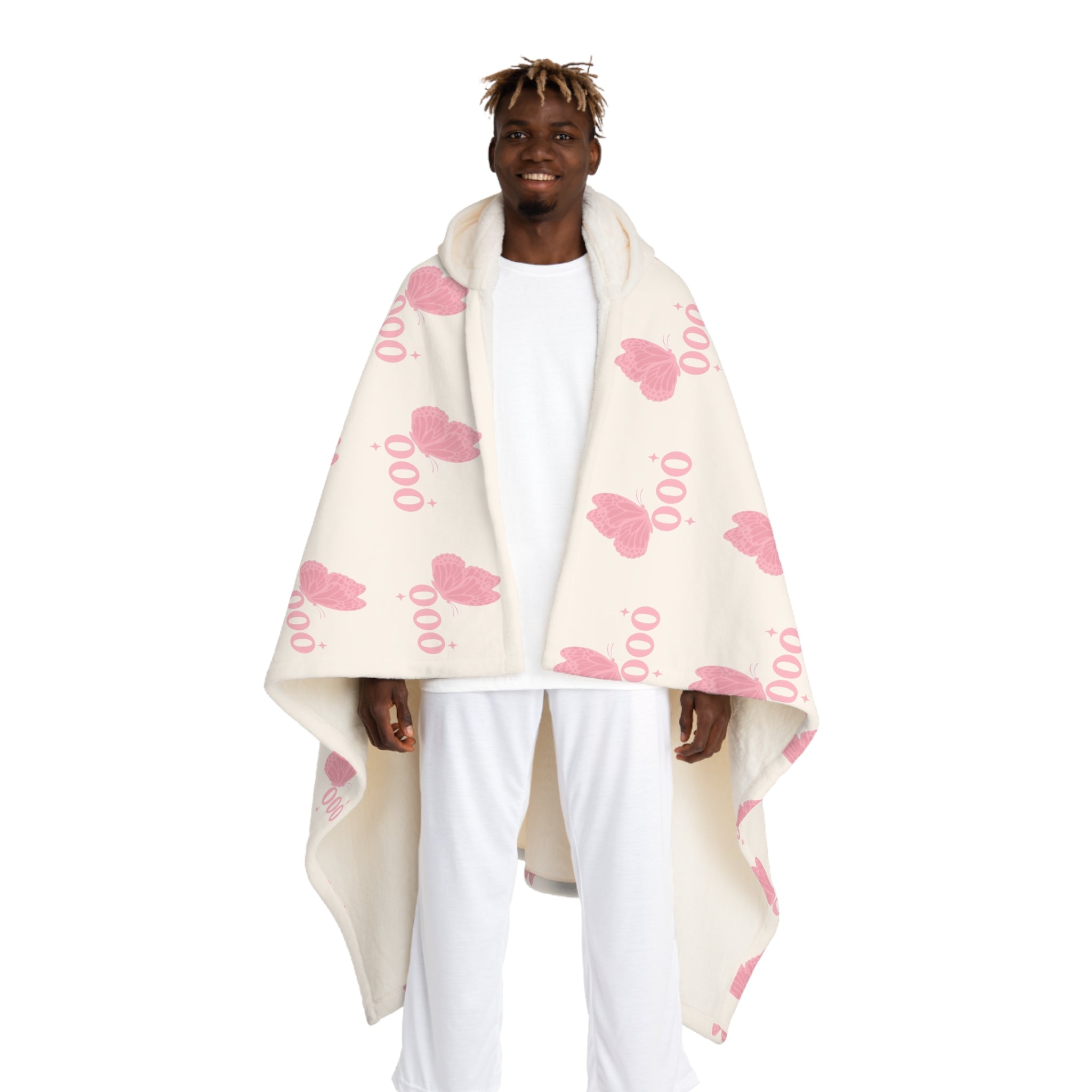 Hooded Sherpa Blanket -- White & Pink 000 Butterfly Pattern