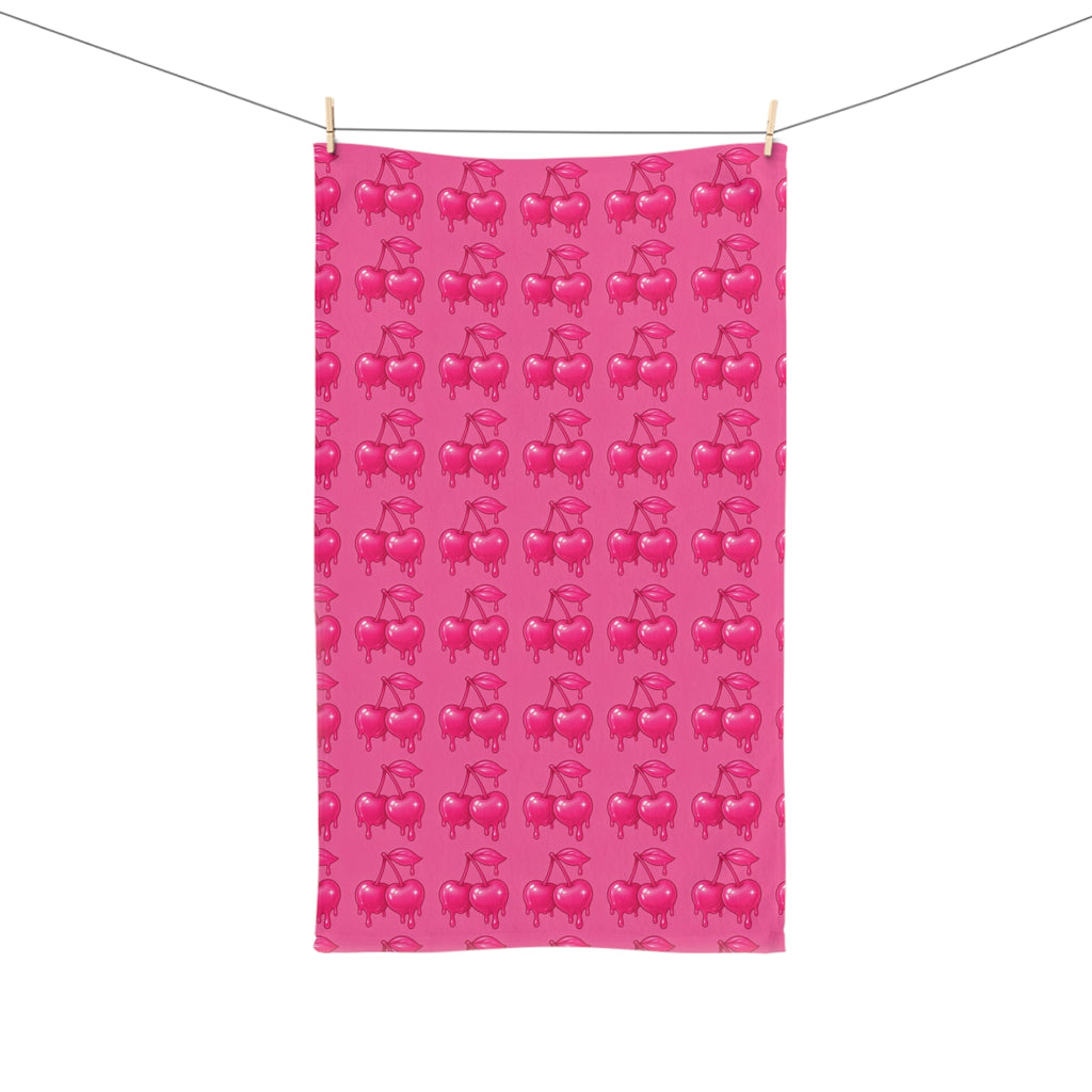 Pink Cherry Drip Pattern Hand Towel