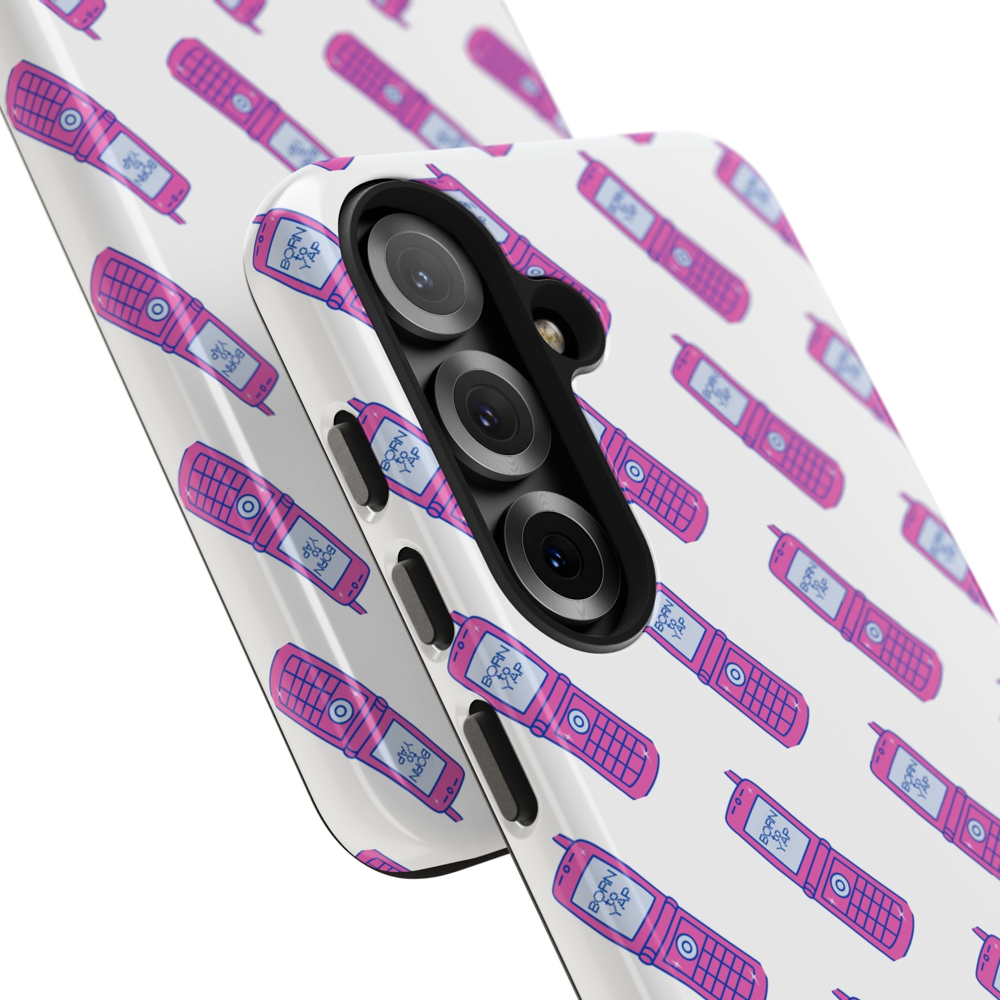 Retro Purple Born to Yap Flip Phone Phone Case | 90s Pattern, Cute Tech Design