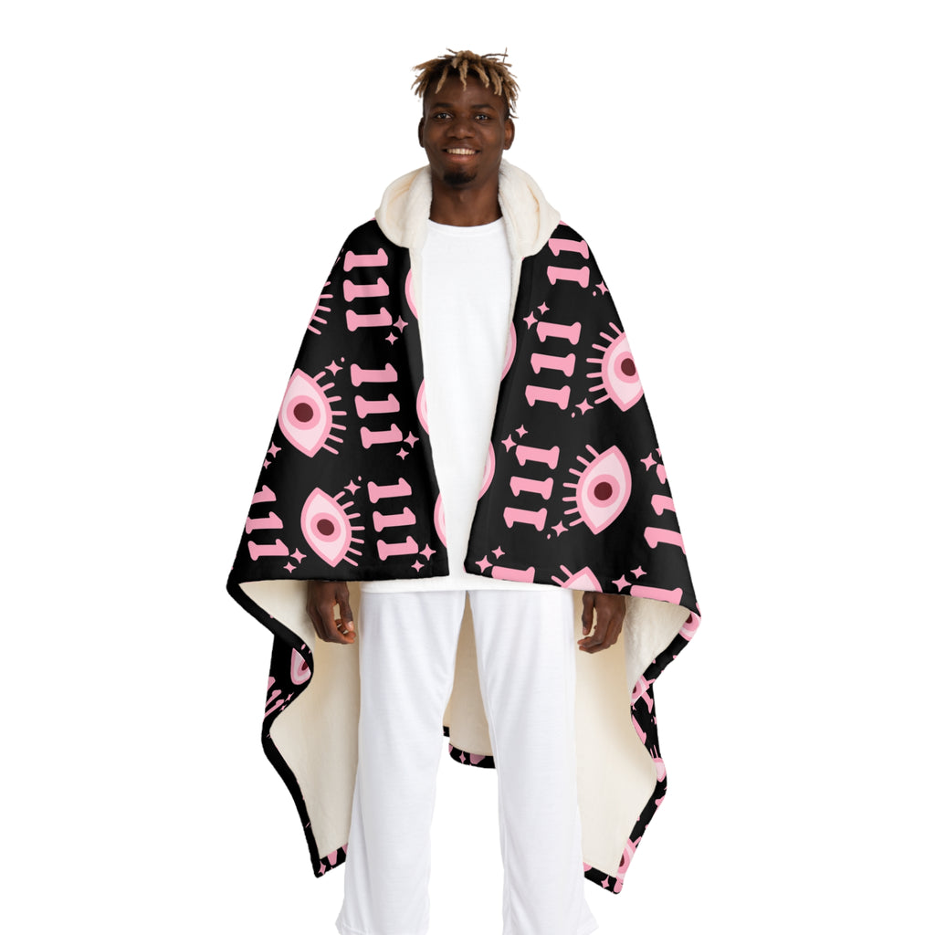 Hooded Sherpa Blanket — Black & Pink Evil Eye 111 Pattern