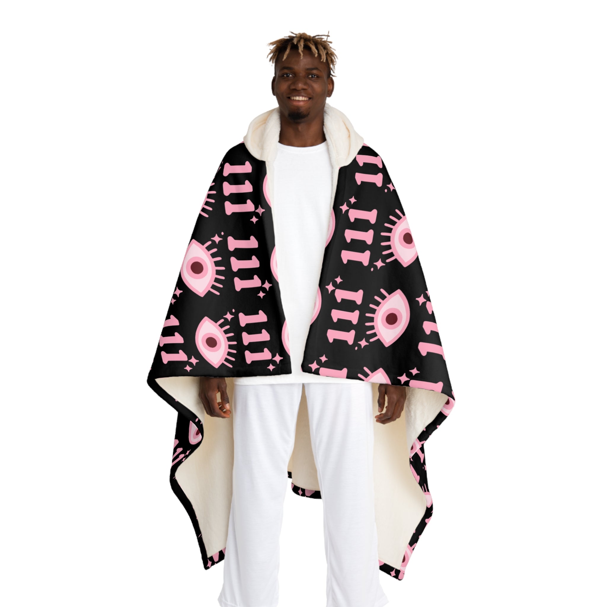 Hooded Sherpa Blanket — Black & Pink Evil Eye 111 Pattern