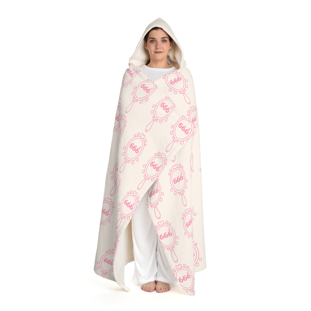 Hooded Sherpa Blanket -- White & Pink 666 Mirror Pattern