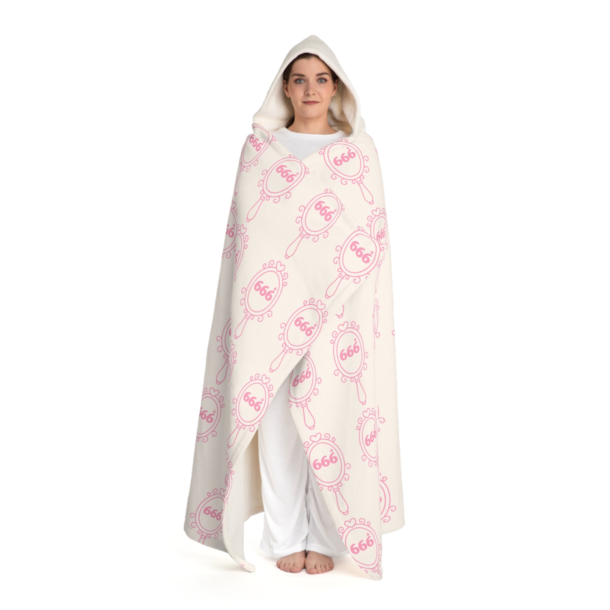 Hooded Sherpa Blanket -- White & Pink 666 Mirror Pattern