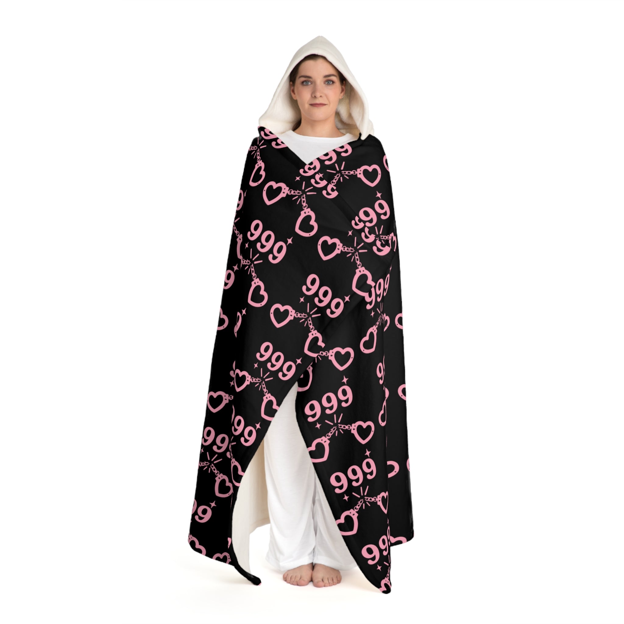 Hooded Sherpa Blanket — Black & Pink Heart Cuffs 999 Pattern