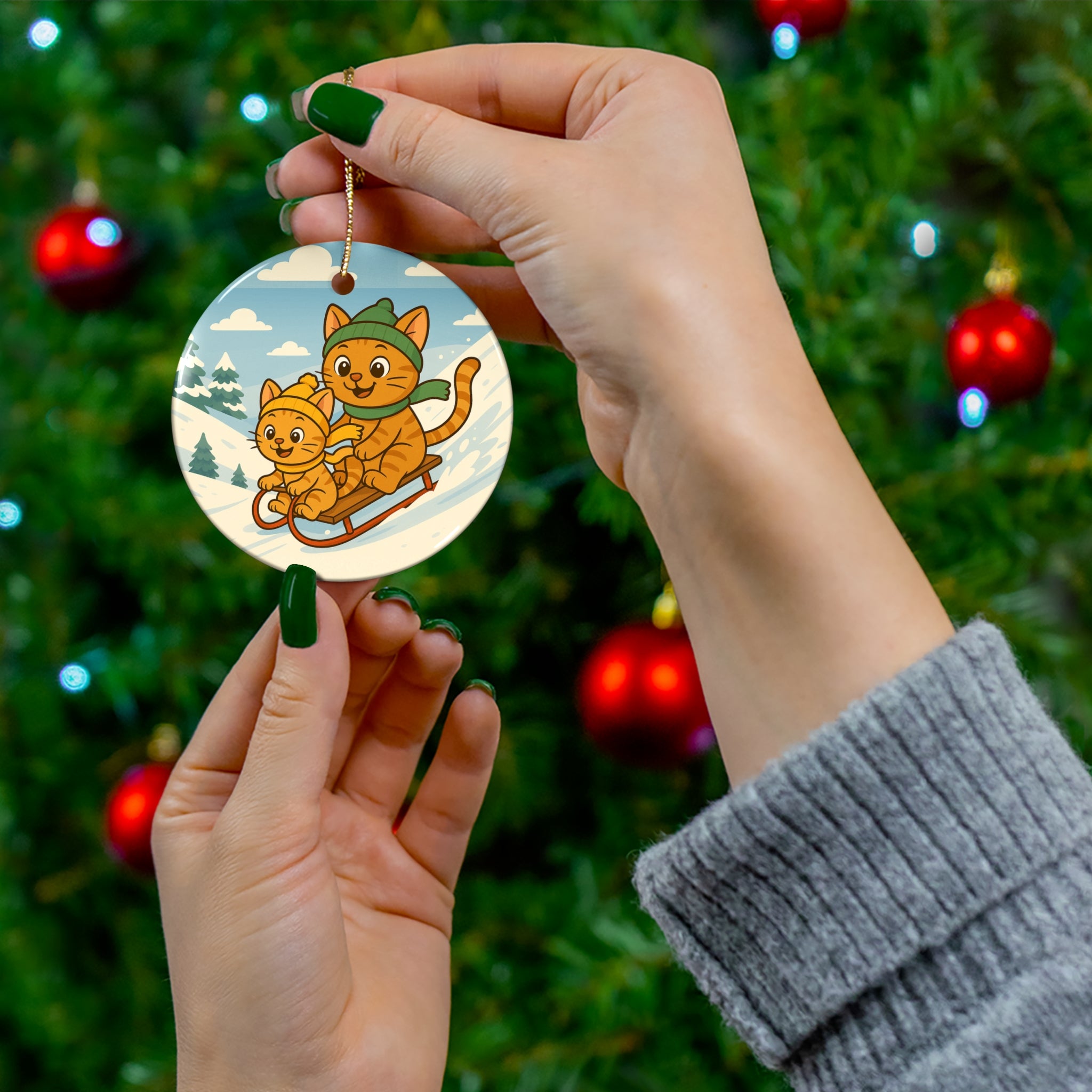 Custom Pets Sledding Ceramic Ornament  Personalized Holiday Decoration