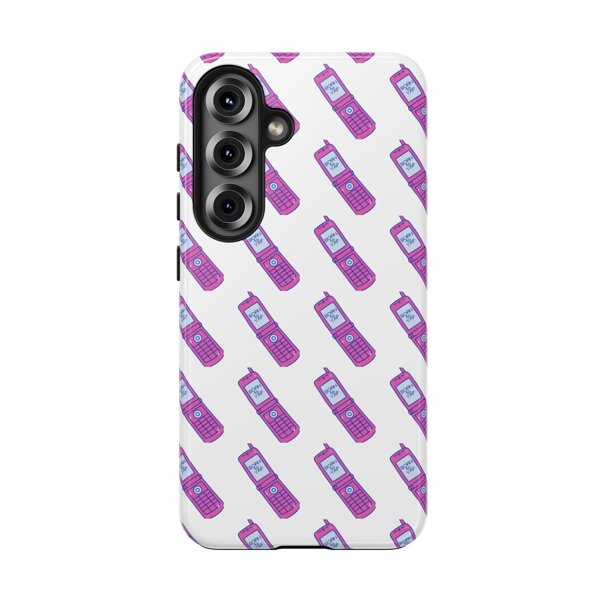 Retro Purple Born to Yap Flip Phone Phone Case | 90s Pattern, Cute Tech Design