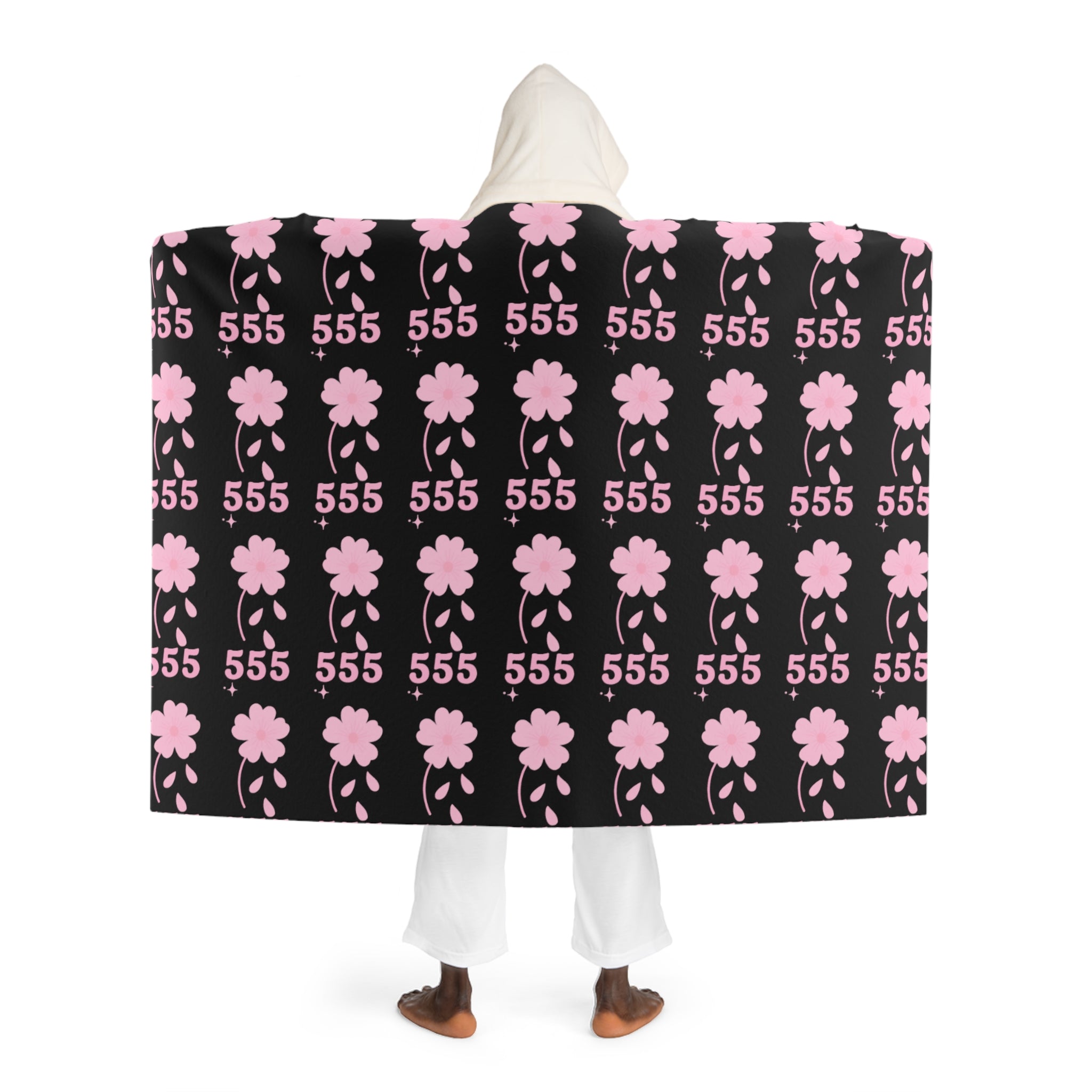 Hooded Sherpa Blanket - Black & Pink Flower 555 Pattern