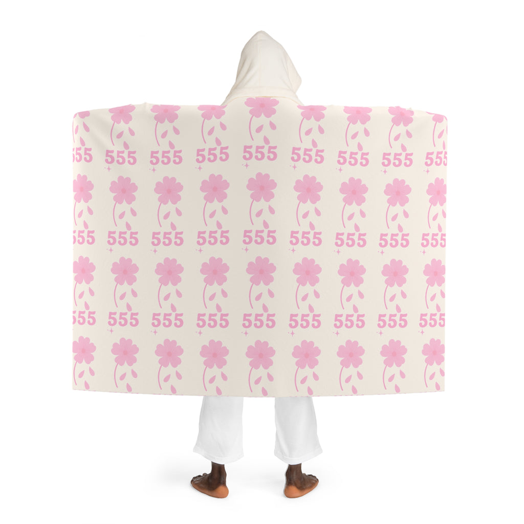 Hooded Sherpa Blanket -- White & Pink 555 Flower Pattern