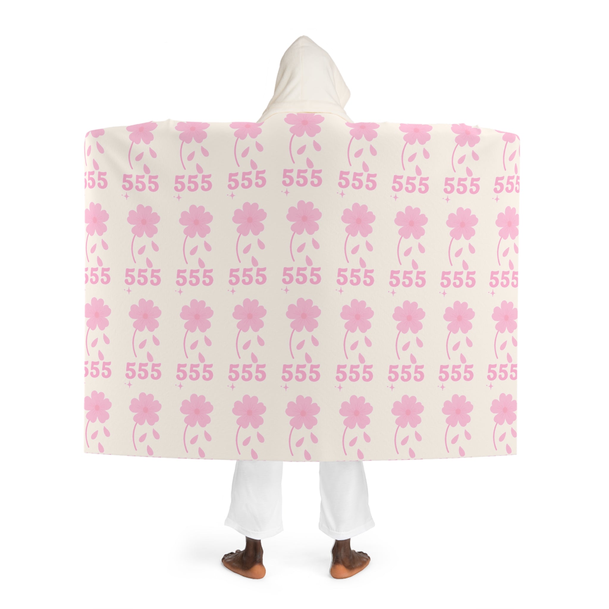 Hooded Sherpa Blanket -- White & Pink 555 Flower Pattern