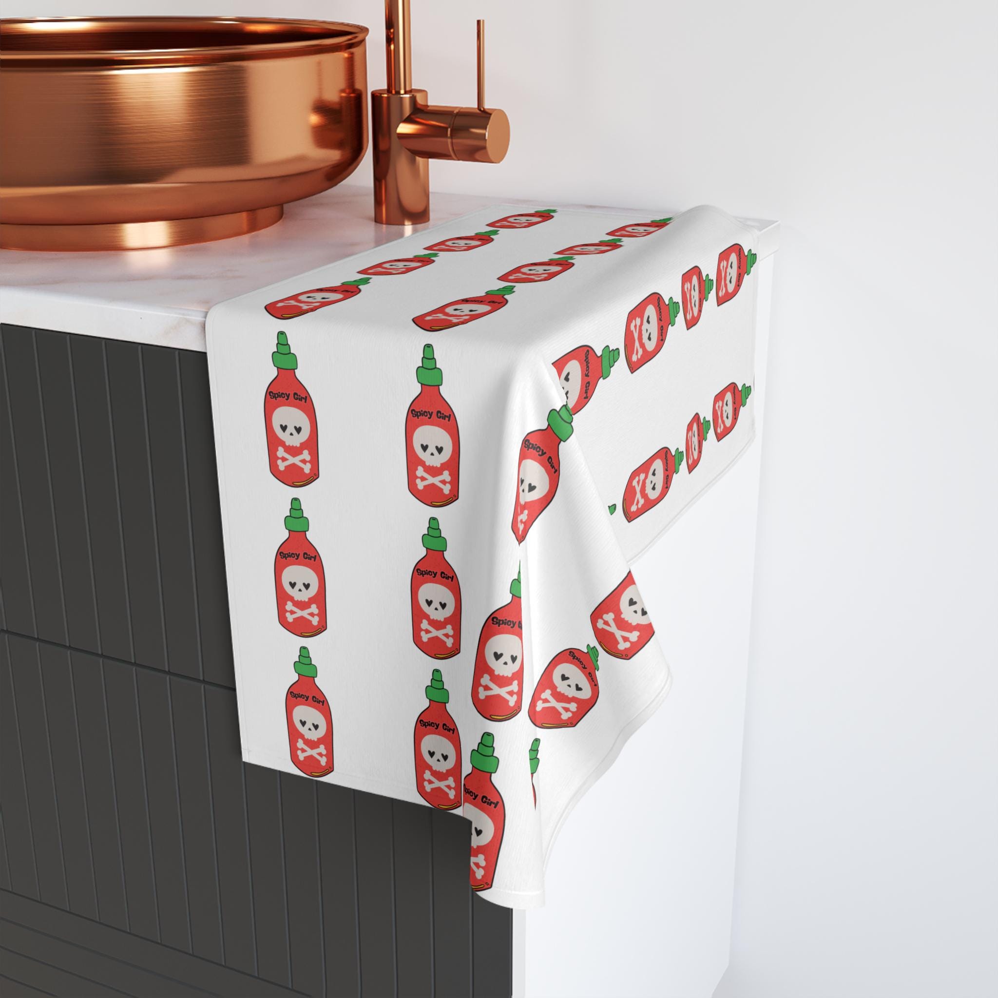 Spicy Girl Bottle Pattern Hand Towel | Hot Sauce Kitchen Towel